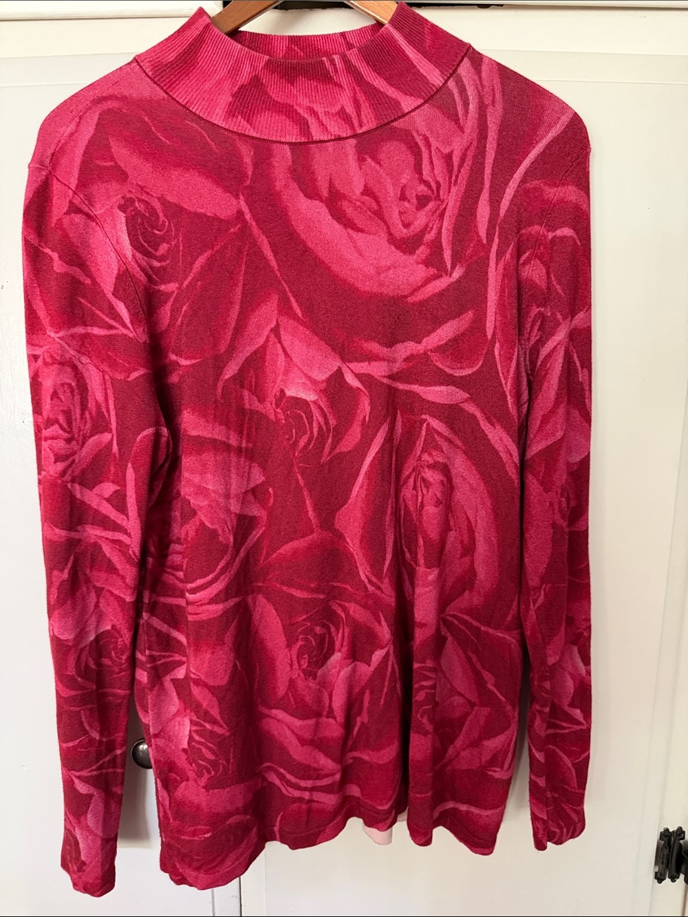 Chico's Rose-Print Long Sleeve Mock Neck Top in Fuchsia and burgundy